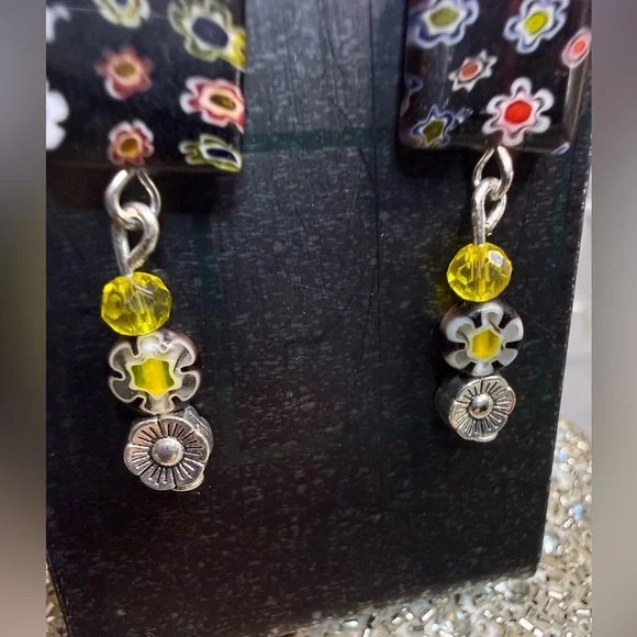 Artisan Murano Millefiori and Yellow Crystal Beaded Earrings - Picture 4 of 5